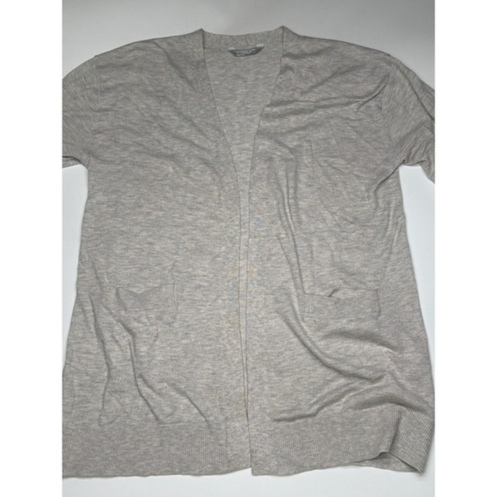 LUXURY Cashmere Blend Cardigan Women Light Gray Open Long Front Pockets Size L